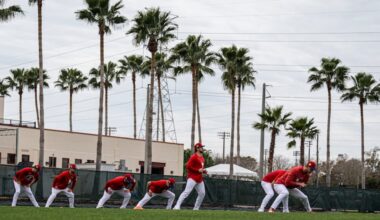 Philadelphia Phillies players work out during the first day of pitchers and catchers practice at BayCare Ballpark in Clearwater, Fla.