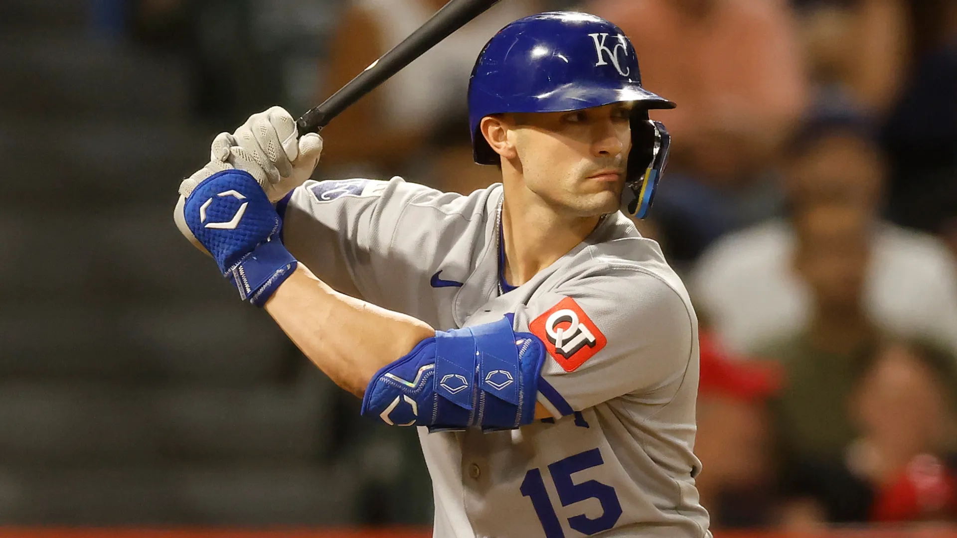 Randal Grichuk #15 of the Royals at bat against the Angels. Ronald Martinez/Getty Images