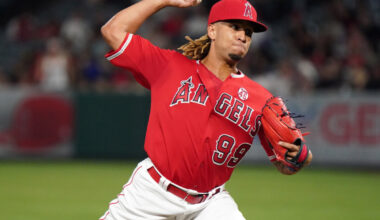 Los Angeles Angels relief pitcher Kenyan Middleton (99) delivers a pitch in the sixth inning against the Texas Rangers at Angel Stadium of Anaheim.