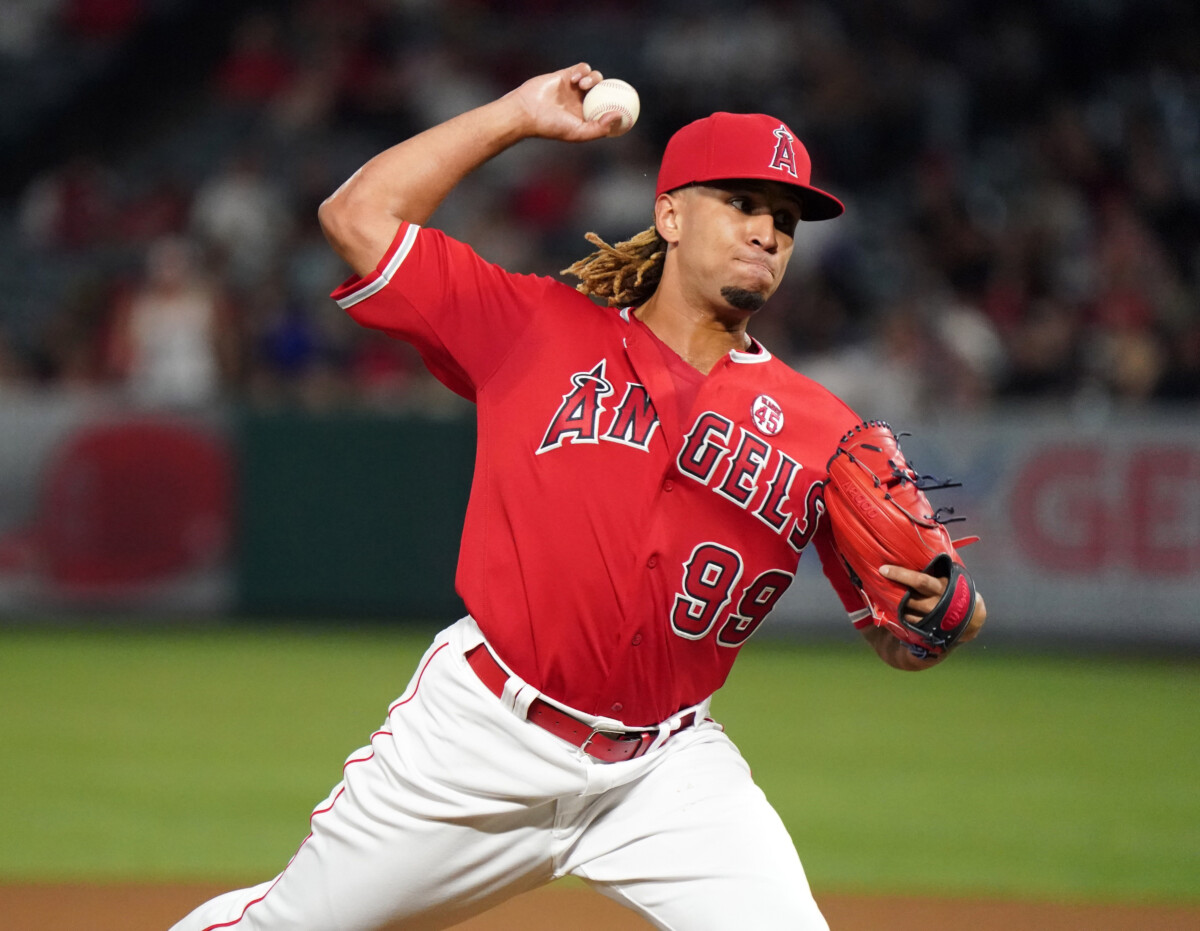 Los Angeles Angels relief pitcher Kenyan Middleton (99) delivers a pitch in the sixth inning against the Texas Rangers at Angel Stadium of Anaheim.