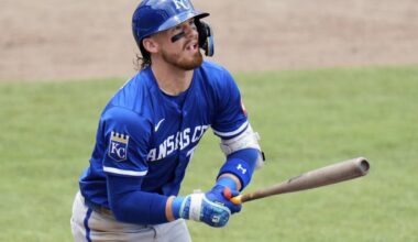Kansas City Royals' Bobby Witt Jr. watches his two-run home run off Tampa Bay Rays pitcher Shane Baz during the fifth inning of a baseball game Thursday, May 1, 2025, in Tampa, Fla. (AP Photo/Chris O'Meara)