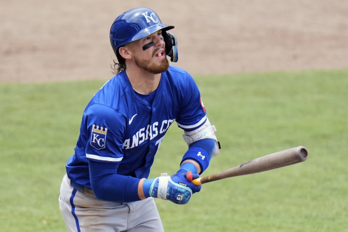 Kansas City Royals' Bobby Witt Jr. watches his two-run home run off Tampa Bay Rays pitcher Shane Baz during the fifth inning of a baseball game Thursday, May 1, 2025, in Tampa, Fla. (AP Photo/Chris O'Meara)
