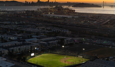 The image shows a baseball field lit up for a night game, surrounded by a cityscape, with a sunset over a water body and distant bridge and city skyline.