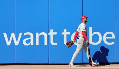 Philadelphia Phillies Justin Crawford walks back to the clubhouse after exiting the spring training game against the Toronto Blue Jays.