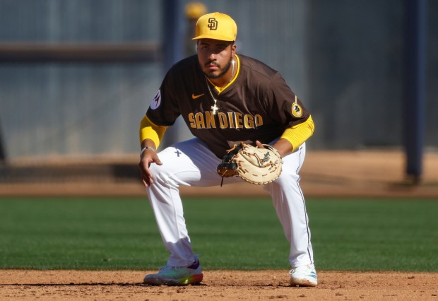 San Diego Padres' Romeo Sanabria plays first base during a spring training game against the Athletics on Saturday, Feb. 22, 2025. (K.C. Alfred / The San Diego Union-Tribune)