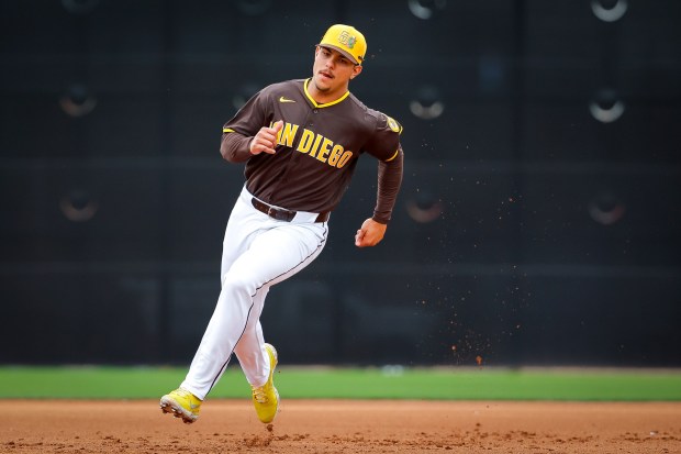 Ethan Salas #90 of the San Diego Padres runs the bases during spring training workouts at the Peoria Sports Complex on Friday, Feb. 13, 2026 in Peoria, Ariz.. (Meg McLaughlin / The San Diego Union-Tribune)