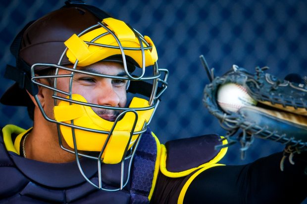 Ethan Salas #90 of the San Diego Padres participates in drills during spring training workouts at the Peoria Sports Complex on Saturday, Feb. 14, 2026 in Peoria, Ariz. (Meg McLaughlin / The San Diego Union-Tribune)