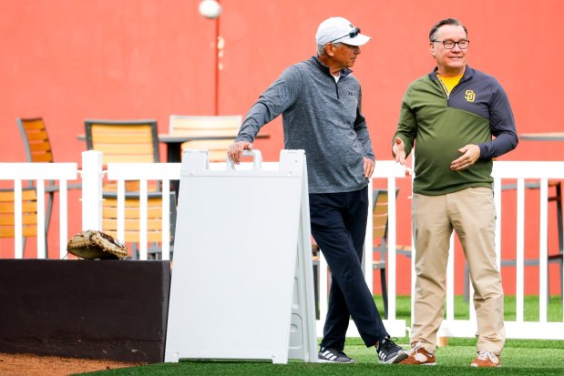 San Diego Padres chairman John Seidler, right, talks with Bud Black during spring training workouts at the Peoria Sports Complex on Sunday, Feb. 15, 2026 in Peoria, Ariz.(Meg McLaughlin / The San Diego Union-Tribune)