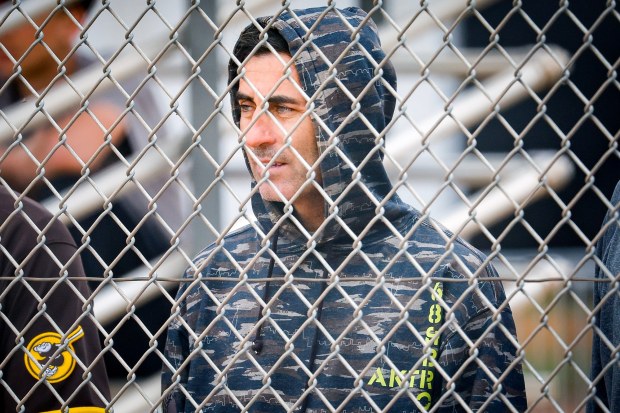 AJ Preller, San Diego Padres president of baseball operations, watches batting practice during spring training workouts at the Peoria Sports Complex on Monday, Feb. 16, 2026 in Peoria, Ariz.(Meg McLaughlin / The San Diego Union-Tribune)