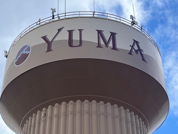 Yuma's water tower is visible from Desert Sun Stadium, former spring training home of the San Diego Padres. (Tom Krasovic, The San Diego Union-Tribune)
