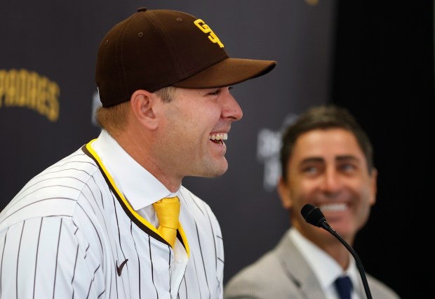 Craig Stammen was introduced as the San Diego Padres manager by President of baseball operations and General Manager A.J. Preller at a news conference at Petco Park on Nov. 10, 2025 in San Diego, California. (Photo by K.C. Alfred / The San Diego Union-Tribune)
