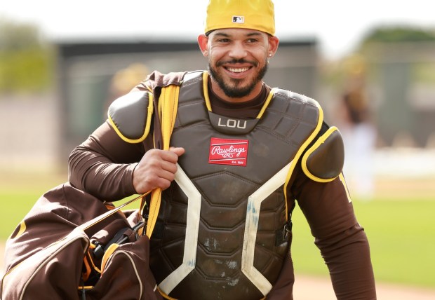 Peoria, AZ - February 18: Luis Campusano #12 of the San Diego Padres looks on during a spring trading practice on February 18, 2026 in Peoria, AZ. (K.C. Alfred / The San Diego Union-Tribune)