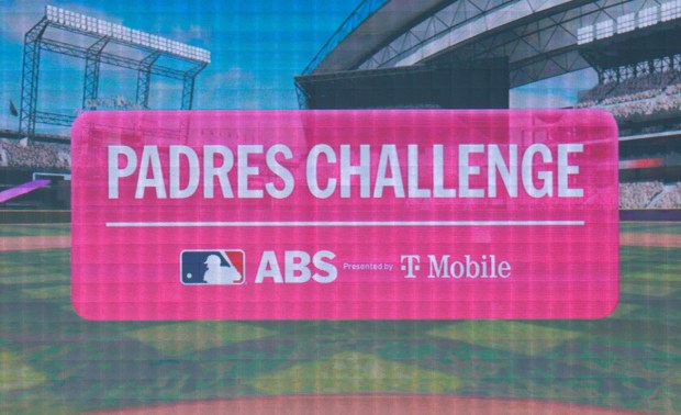 Peoria, AZ - February 20: The MLB ABS Challenge System is shown on the video board during a spring training game between the San Diego Padres and Seattle Mariners on February 20, 2026 in Peoria, AZ. (K.C. Alfred / The San Diego Union-Tribune)