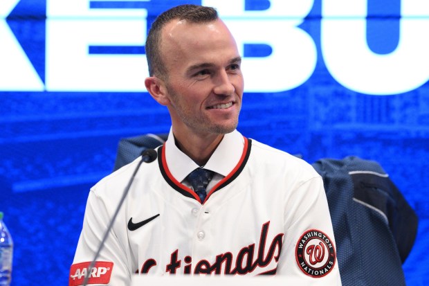 FILE - New Washington Nationals Manager Blake Butera looks on during a baseball news conference Nov. 17, 2025, in Washington. (AP Photo/Nick Wass, File)