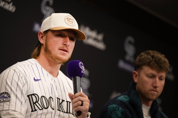 Colorado Rockies catcher Hunter Goodman (15) speaks with press during Rockies Fest on Saturday, Jan. 24, 2026, at Coors Field in Denver, Colo. (Photo by Timothy Hurst/The Denver Post)