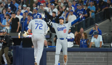 Los Angeles Dodgers superstar Shohei Ohtani meets Miguel Rojas at home plate after his World Series home run.