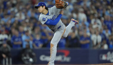 Los Angeles Dodgers two-way player Shohei Ohtani (17) pitches against the Toronto Blue Jays in the second inning during game seven of the 2025 MLB World Series at Rogers Centre.