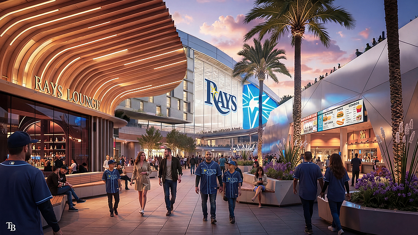 A street level view of what an imagined new Tampa Bay Rays ballpark and adjoining mixed-use development would look like on the site of Hillsborough College.