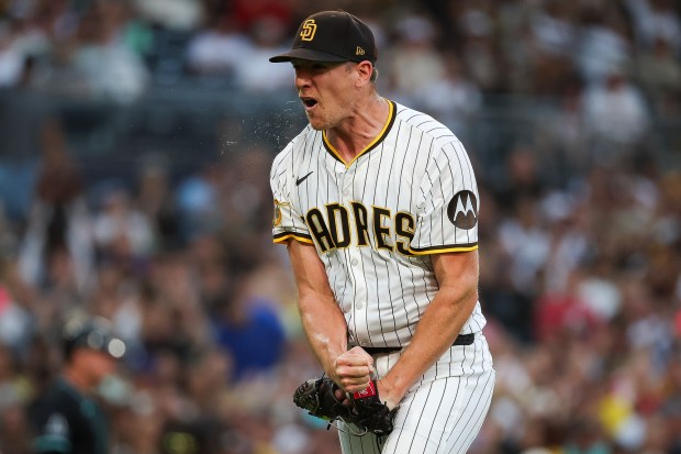 Nick Pivetta #27 of the San Diego Padres reacts after striking out Lourdes Gurriel Jr. #12 of the Arizona Diamondbacks during the fourth inning at Petco Park on Tuesday, July 8, 2025 in San Diego, CA. (Meg McLaughlin / The San Diego Union-Tribune)