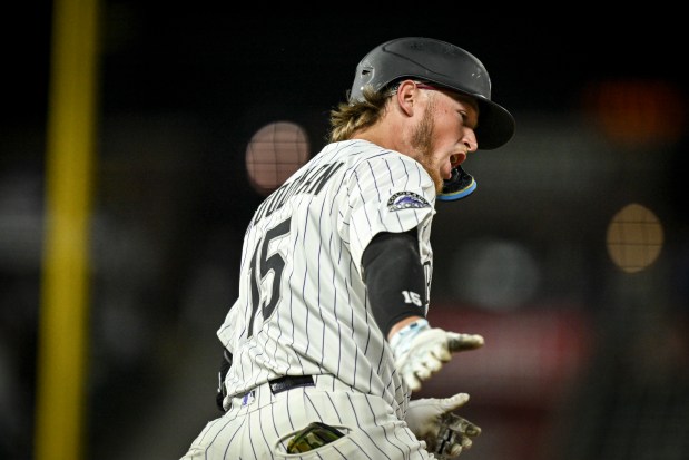 Hunter Goodman (15) of the Colorado Rockies reacts to hitting a homerun off of Josh Hader (71) of the Houston Astros during the ninth inning of Houston's 6-5 win at Coors Field in Denver on Tuesday, July 1, 2025. (Photo by AAron Ontiveroz/The Denver Post)