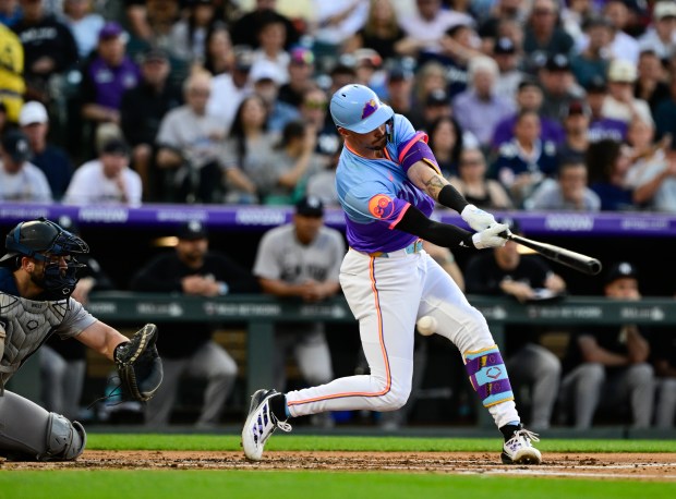 Colorado Rockies center fielder Brenton Doyle (9) strikes out swinging against New York Yankees pitcher Clarke Schmidt (36) in the first inning at Coors Field in Denver on Friday, May 23, 2025. (Photo by Andy Cross/The Denver Post)