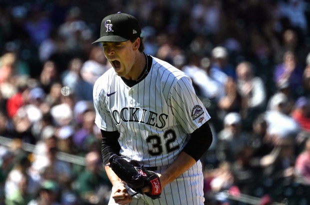 Colorado Rockies pitcher Chase Dollander (32) reacts as he comes off the mound during the game against the Athletics at Coors Field in Denver on April 6, 2025. (Photo by Helen H. Richardson/The Denver Post)