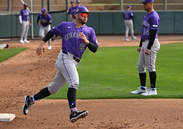 Infielder/Outfielder, Vimael Machin, runs bases during morning practice at spring training for the Colorado Rockies at Salt River Field at Talking Stick in Scottsdale, Arizona on Feb. 18, 2026. (Photo by RJ Sangosti/The Denver Post)