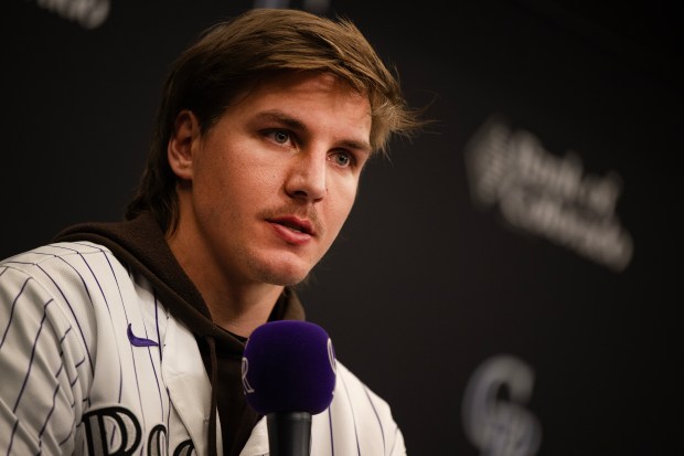 Colorado Rockies outfielder Jake McCarthy speaks with press during Rockies Fest on Saturday, Jan. 24, 2026, at Coors Field in Denver. (Photo by Timothy Hurst/The Denver Post)