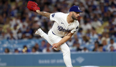 Los Angeles Dodgers relief pitcher Tanner Scott (66) pitches during the ninth inning against the San Francisco Giants at Dodger Stadium.