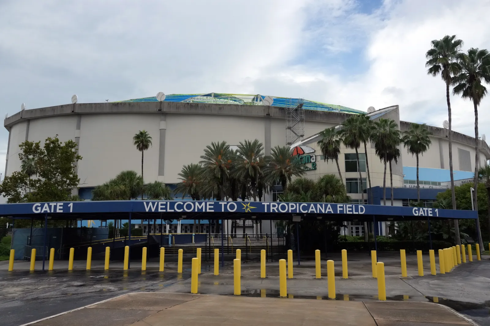 A general overall view of Tropicana Field and stadium dome damage from Hurricane Milton on August 25, 2025 in St. Petersburg, Florida.
