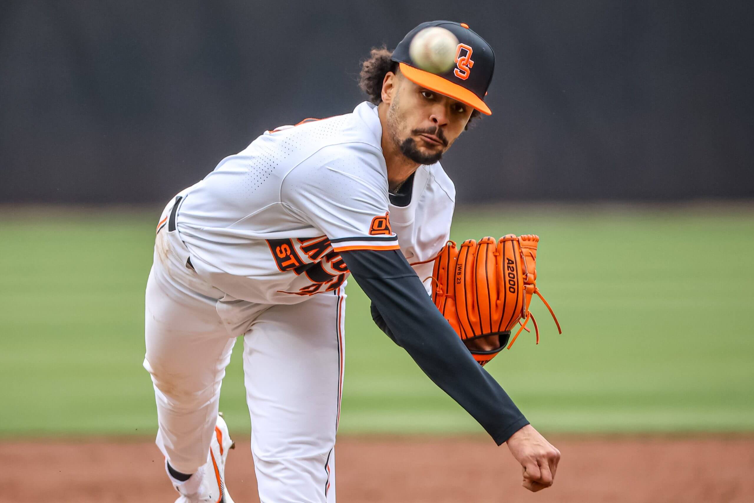 Oklahoma State pitcher Juaron Watts-Brown (23) throws a pitch during a college baseball game between the Oklahoma State Cowboys (OSU) and the Loyola Marymount University Lions (LMU) at O’Brate Stadium in Stillwater, Okla., on Saturday, Feb. 25, 2023. 