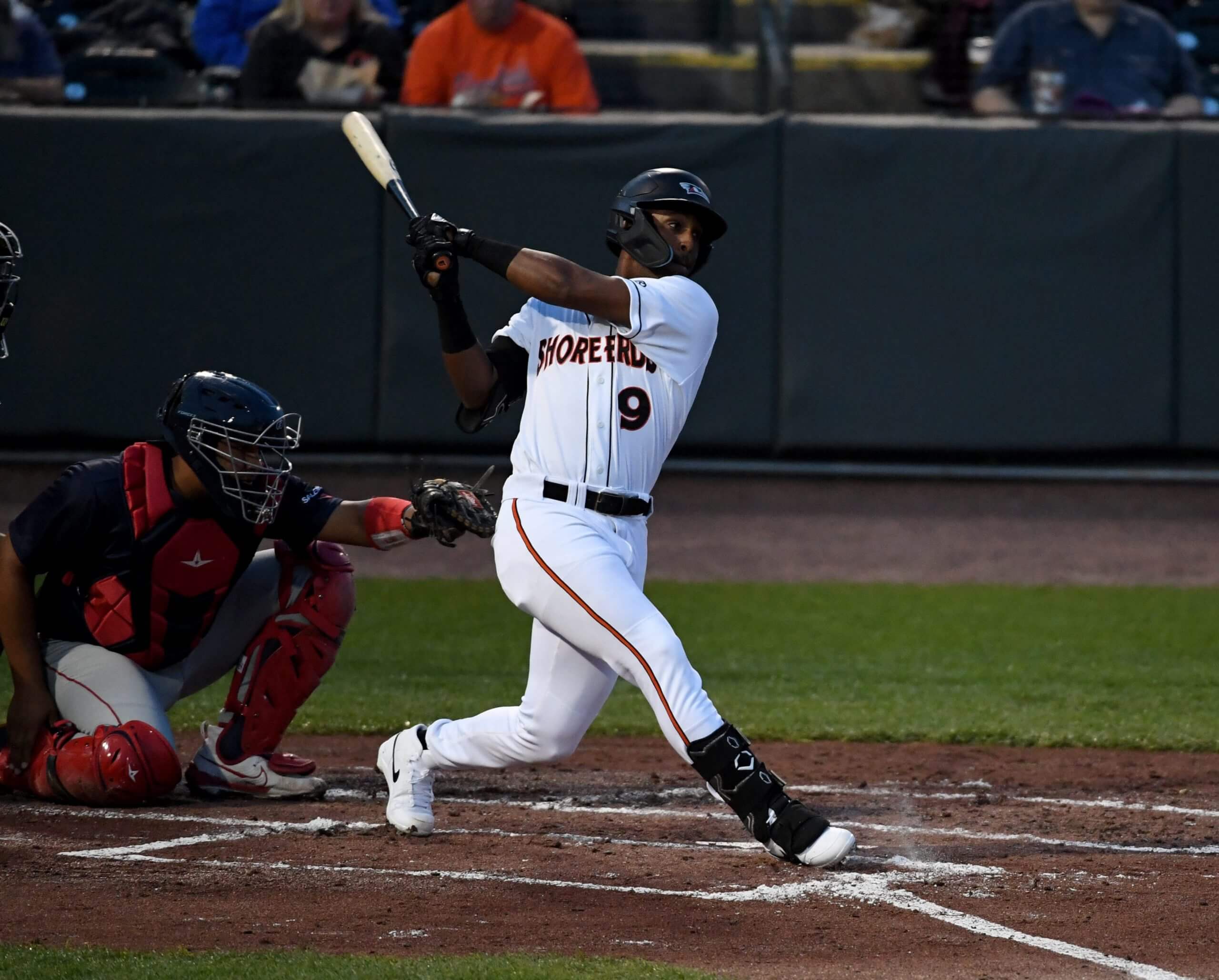 Shorebirds' Aron Estrada (9) swings against Salem.