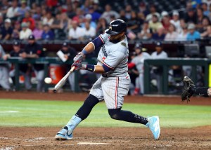 Jun 25, 2024; Phoenix, Arizona, USA; Minnesota Twins first baseman Carlos Santana against the Arizona Diamondbacks at Chase Field. Mandatory Credit: Mark J. Rebilas-USA TODAY Sports