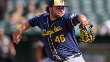Aug 24, 2024; Oakland, California, USA; Milwaukee Brewers pitcher Bryse Wilson (46) throws a pitch against the Oakland Athletics during the ninth inning at Oakland-Alameda County Coliseum. Mandatory Credit: Robert Edwards-USA TODAY Sports