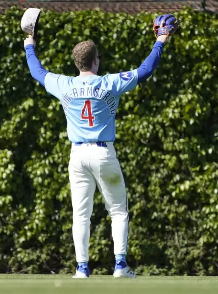 Chicago Cubs outfielder Pete Crow-Armstrong (4) celebrates the Cubs win against the Chicago White Sox at Wrigley Field.