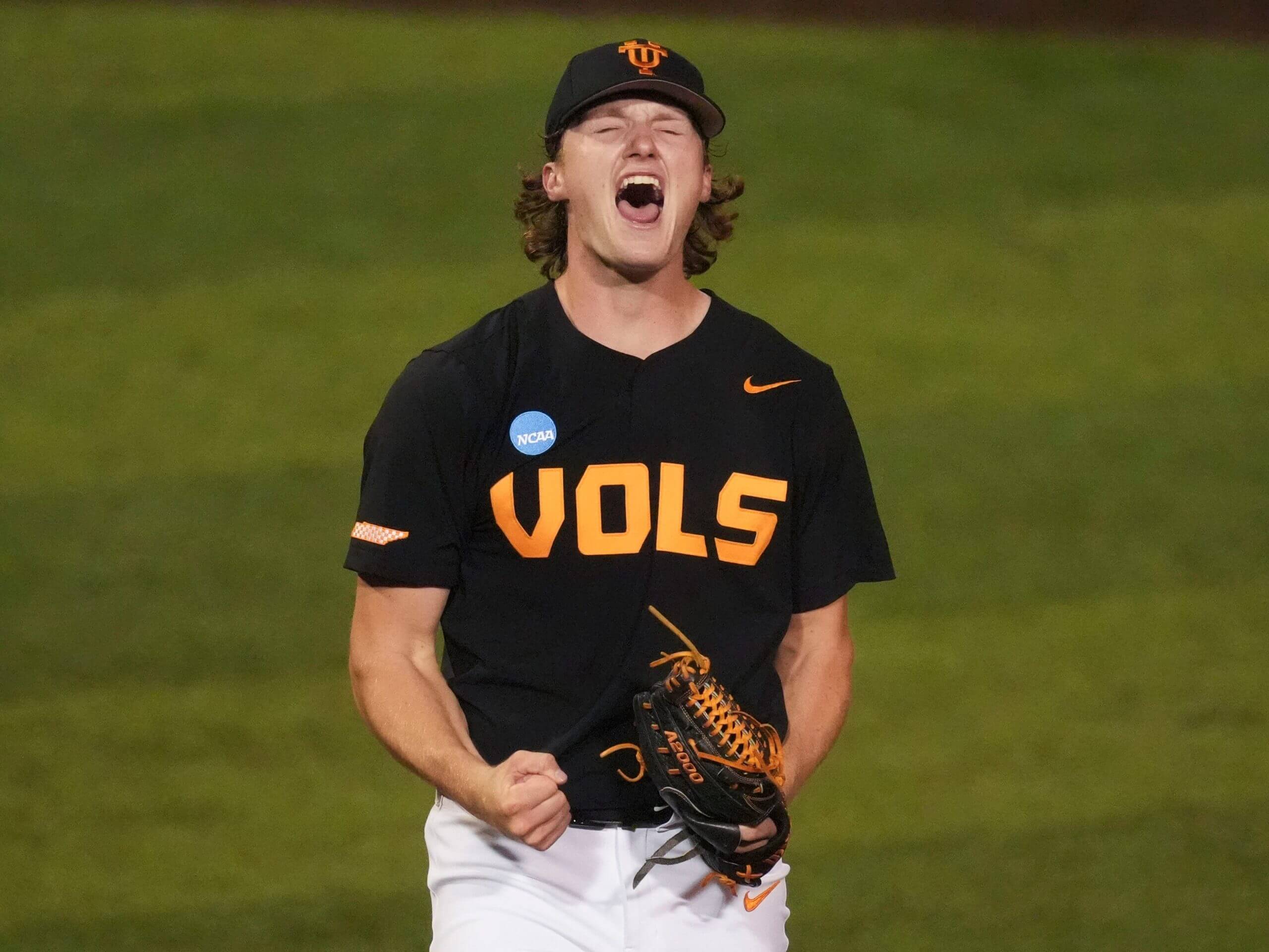 Nate Snead celebrates a strikeout for Tennessee during the NCAA playoffs.