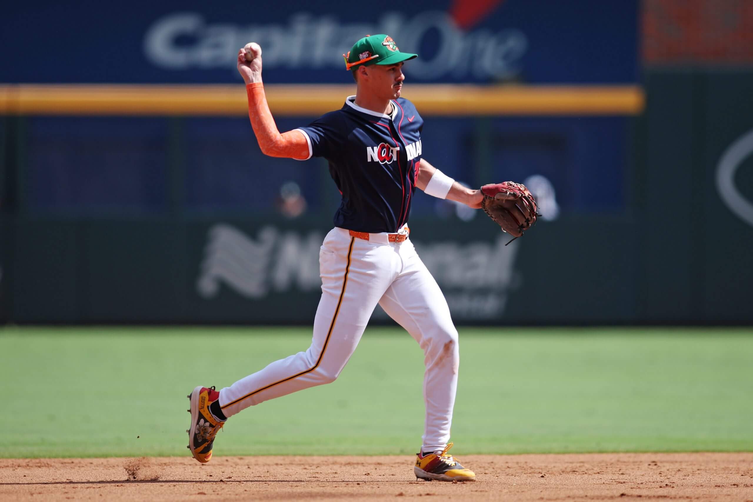 Konnor Griffin makes the throw from shortstop during the MLB All-Star Futures Game in Atlanta.