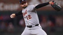 Jul 15, 2025; Cumberland, Georgia, USA; American League pitcher Casey Mize (12) of the Detroit Tigers pitches in the sixth inning during the 2025 MLB All Star Game at Truist Park. Mandatory Credit: Brett Davis-Imagn Images