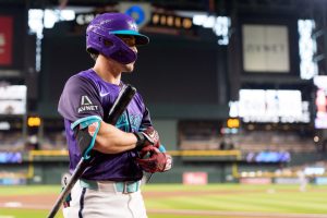 Aug 8, 2025; Phoenix, Arizona, USA; Arizona Diamondbacks outfielder Corbin Carroll (7) prepares to take the batters box for the start of a game against the Colorado Rockies at Chase Field. Mandatory Credit: Allan Henry-Imagn Images