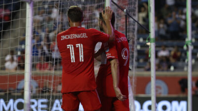 Aug 16, 2025; Bridgeview, Illinois, USA; Chicago Fire FC forward Hugo Cuypers (9) and midfielder Philip Zinckernagel (11) celebrates a first half goal against St. Louis CITY SC at SeatGeek Stadium.