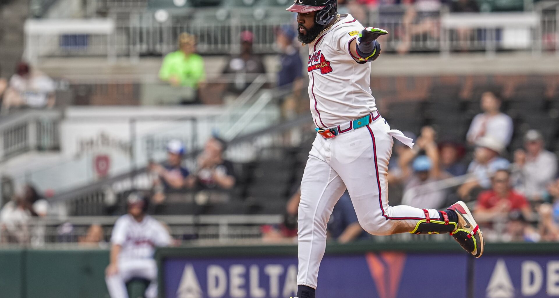 Sep 24, 2025; Cumberland, Georgia, USA; Atlanta Braves designated hitter Marcell Ozuna (20) reacts after hitting a home run against the Washington Nationals during the eighth inning at Truist Park.