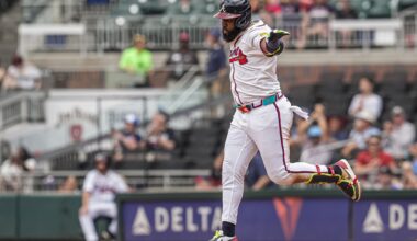 Sep 24, 2025; Cumberland, Georgia, USA; Atlanta Braves designated hitter Marcell Ozuna (20) reacts after hitting a home run against the Washington Nationals during the eighth inning at Truist Park.