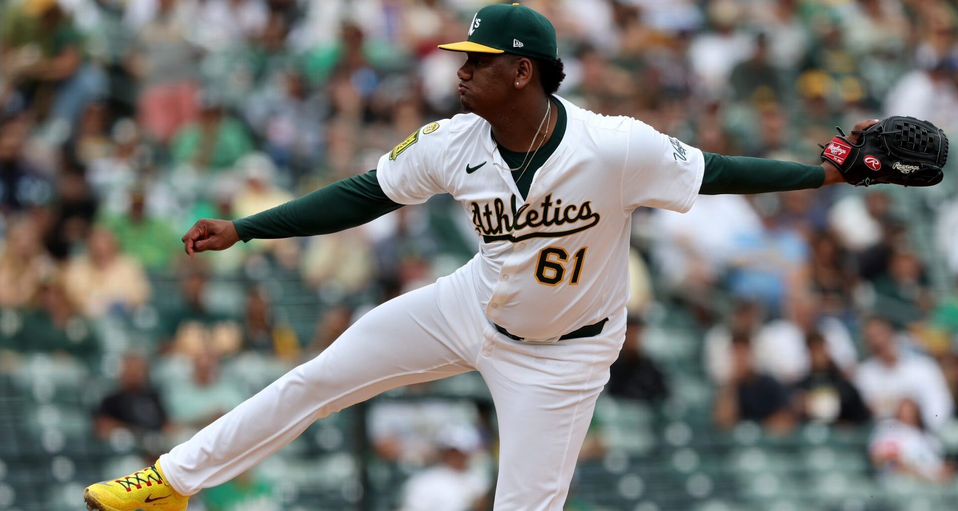 Sep 28, 2025; West Sacramento, California, USA; Athletics pitcher Elvis Alvarado (61) throws a pitch against the Kansas City Royals during the third inning at Sutter Health Park.