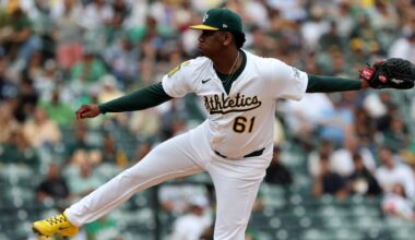 Sep 28, 2025; West Sacramento, California, USA; Athletics pitcher Elvis Alvarado (61) throws a pitch against the Kansas City Royals during the third inning at Sutter Health Park.