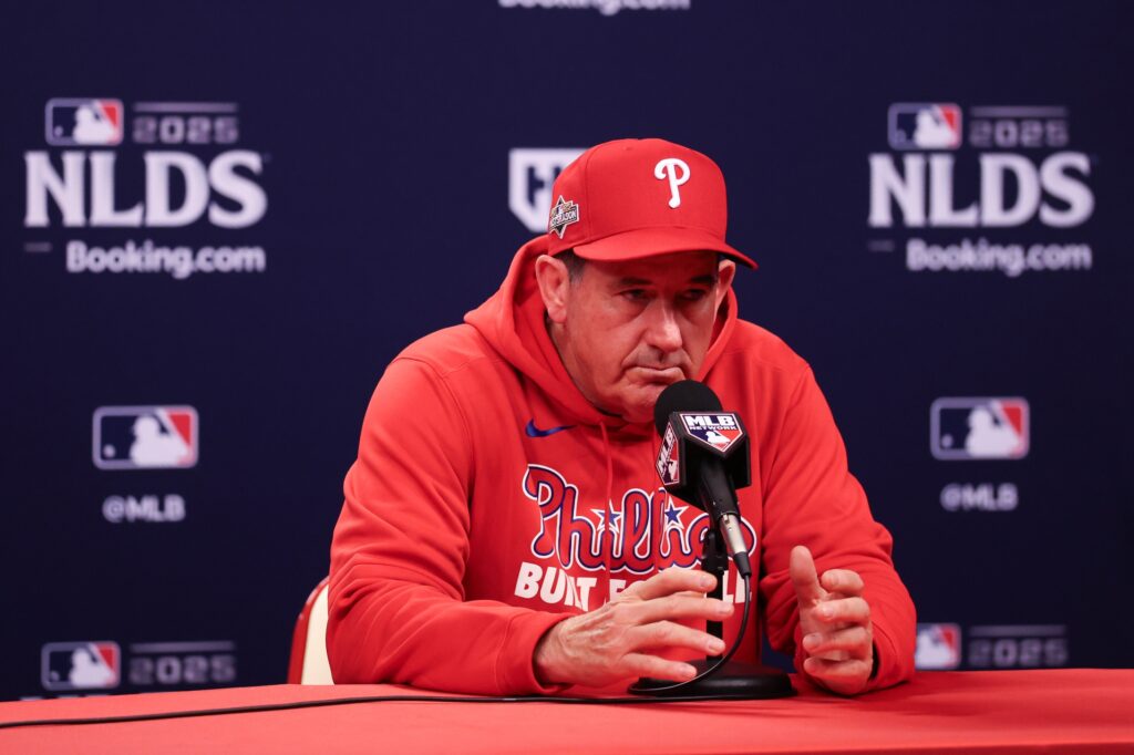 Oct 4, 2025; Philadelphia, Pennsylvania, USA; Philadelphia Phillies manager Rob Thomson speaks with the media before game one of the NLDS round of the 2025 MLB playoffs against the Los Angeles Dodgers at Citizens Bank Park.
