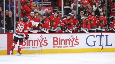 Feb 2, 2026; Chicago, Illinois, USA; Chicago Blackhawks center Connor Bedard (98) celebrates with teammates after a first-period goal against the San Jose Sharks at United Center. Mandatory Credit: Talia Sprague-Imagn Images