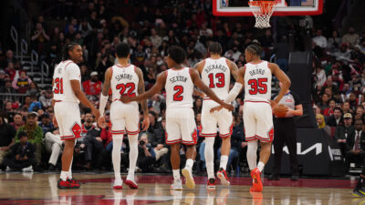 Feb 7, 2026; Chicago, Illinois, USA; Chicago Bulls guard Jaden Ivey (31) guard Anfernee Simons (22) guard Collin Sexton (2) center Nick Richards (13) and forward Isaac Okoro (35) on the court during the second half against the Denver Nuggets. All five players weren’t 0n the team at the start of the season at United Center.