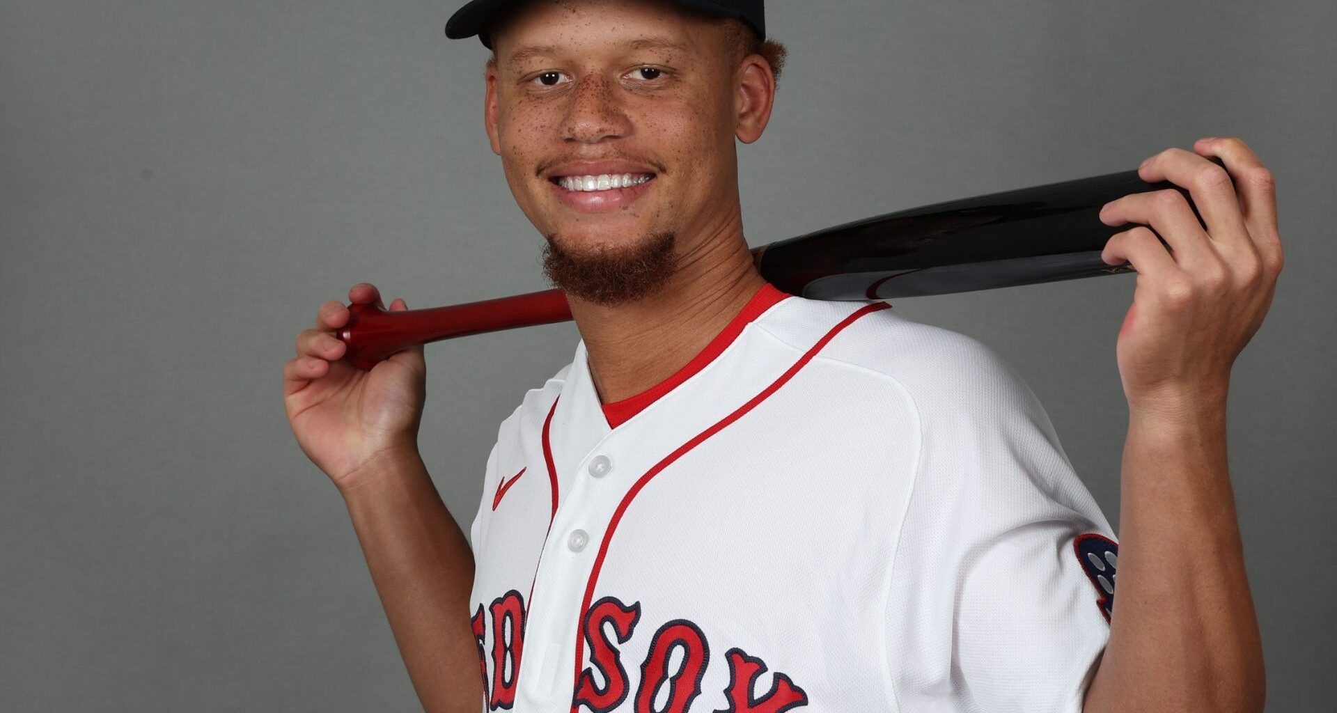 Feb 17, 2026; Lee County, FL, USA; Boston Red Sox second baseman Kristian Campbell (28) poses for a photo during media day at JetBlue Park.