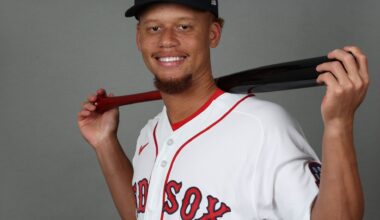 Feb 17, 2026; Lee County, FL, USA; Boston Red Sox second baseman Kristian Campbell (28) poses for a photo during media day at JetBlue Park.