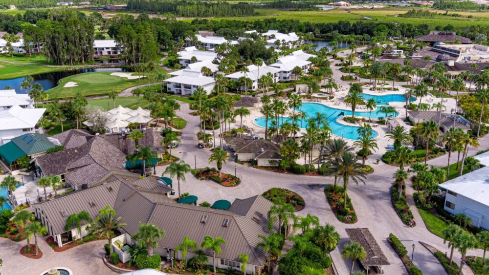 Aerial view of Saddlebrook Resort in Wesley Chapel, showing pools, golf course and resort buildings.